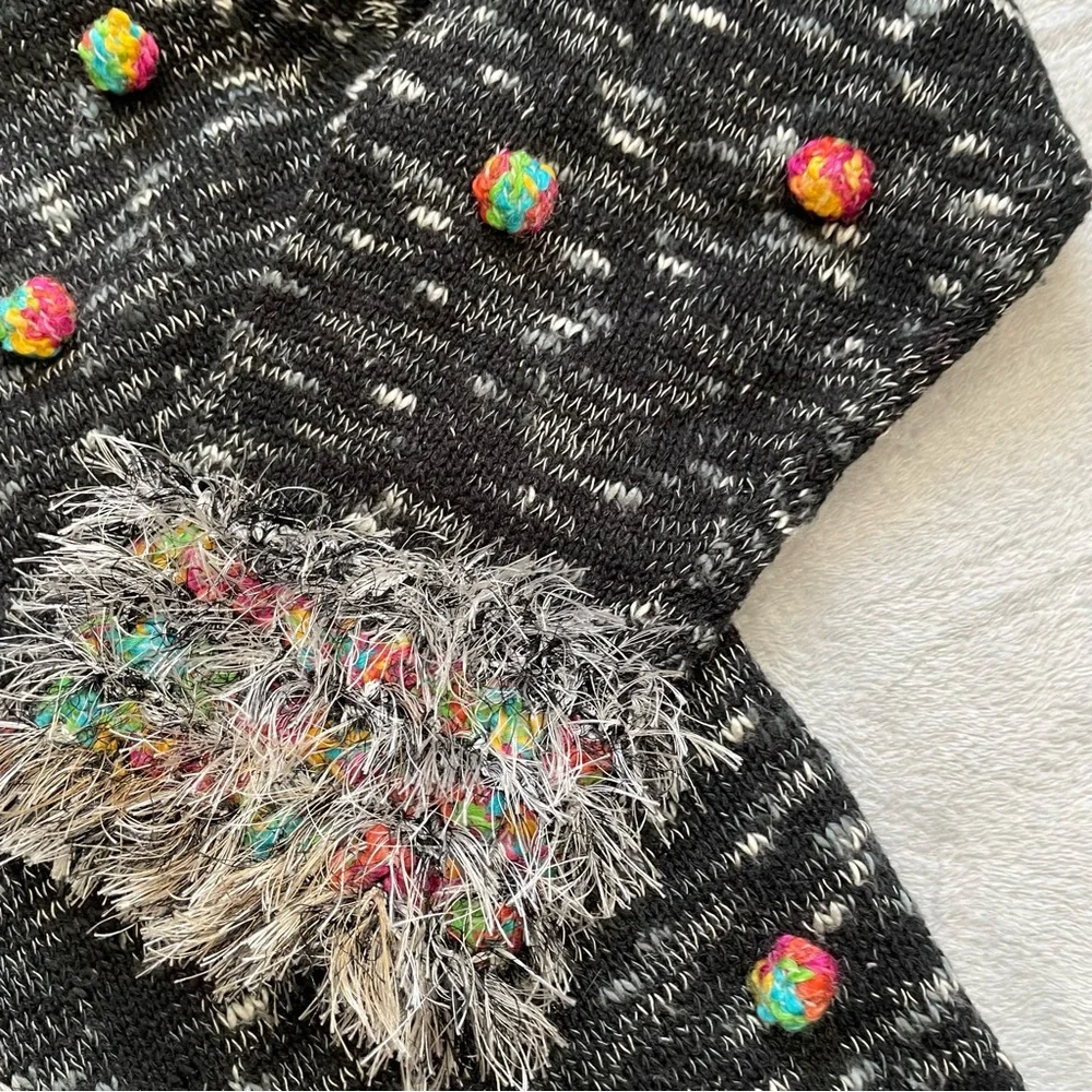 Design Options Holiday Cardigan Sweater XL Fringe Bobble Static Marl Wool‎ Blend